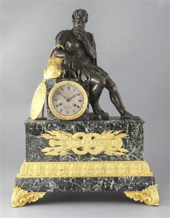 A second quarter of the 19th century gilt and patinated bronze mounted antico verdi marble mantel clock A second quarter of the 19th century gilt and patinated bronze mounted antico verdi marble mantel clock