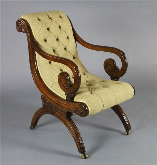 A good Regency mahogany library chair, in the manner of Thomas Hope, W.1ft 9in. D.2ft 10in. H.3ft 1in. A good Regency mahogany library chair, in the manner of Thomas Hope, W.1ft 9in. D.2ft 10in. H.3ft 1in.