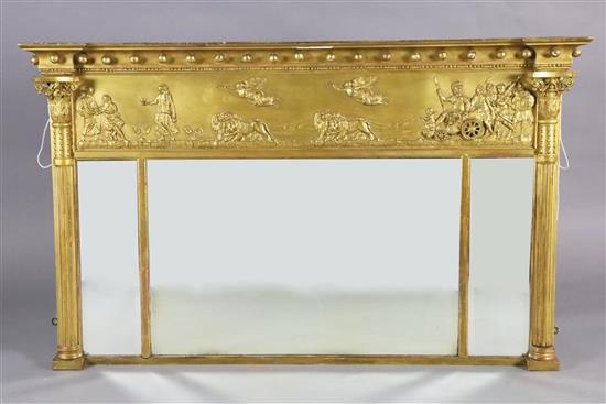 A 19th century Regency style giltwood and gesso overmantel, W.4ft 10in. H.2ft 11in. A 19th century Regency style giltwood and gesso overmantel, W.4ft 10in. H.2ft 11in.