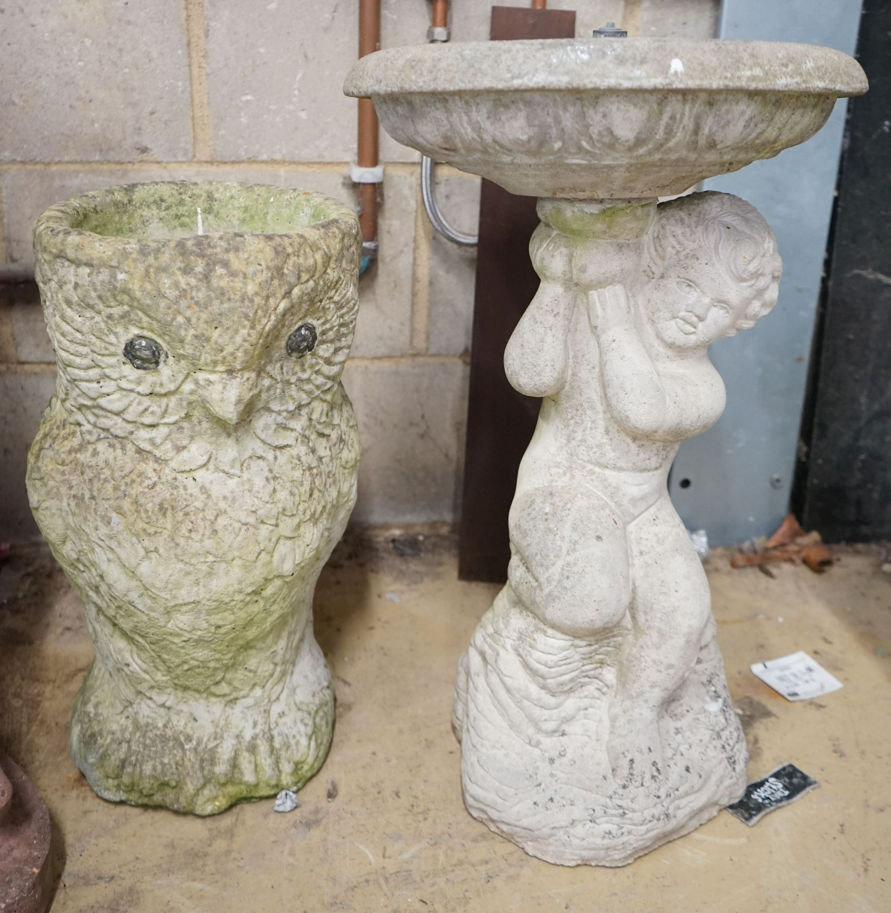 A reconstituted stone owl garden planter and a figural bird bath fountain, larger height 64cm