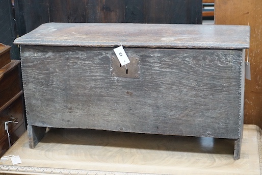 A 17th century six plank coffer, length 89cm, depth 34cm, height 46cm