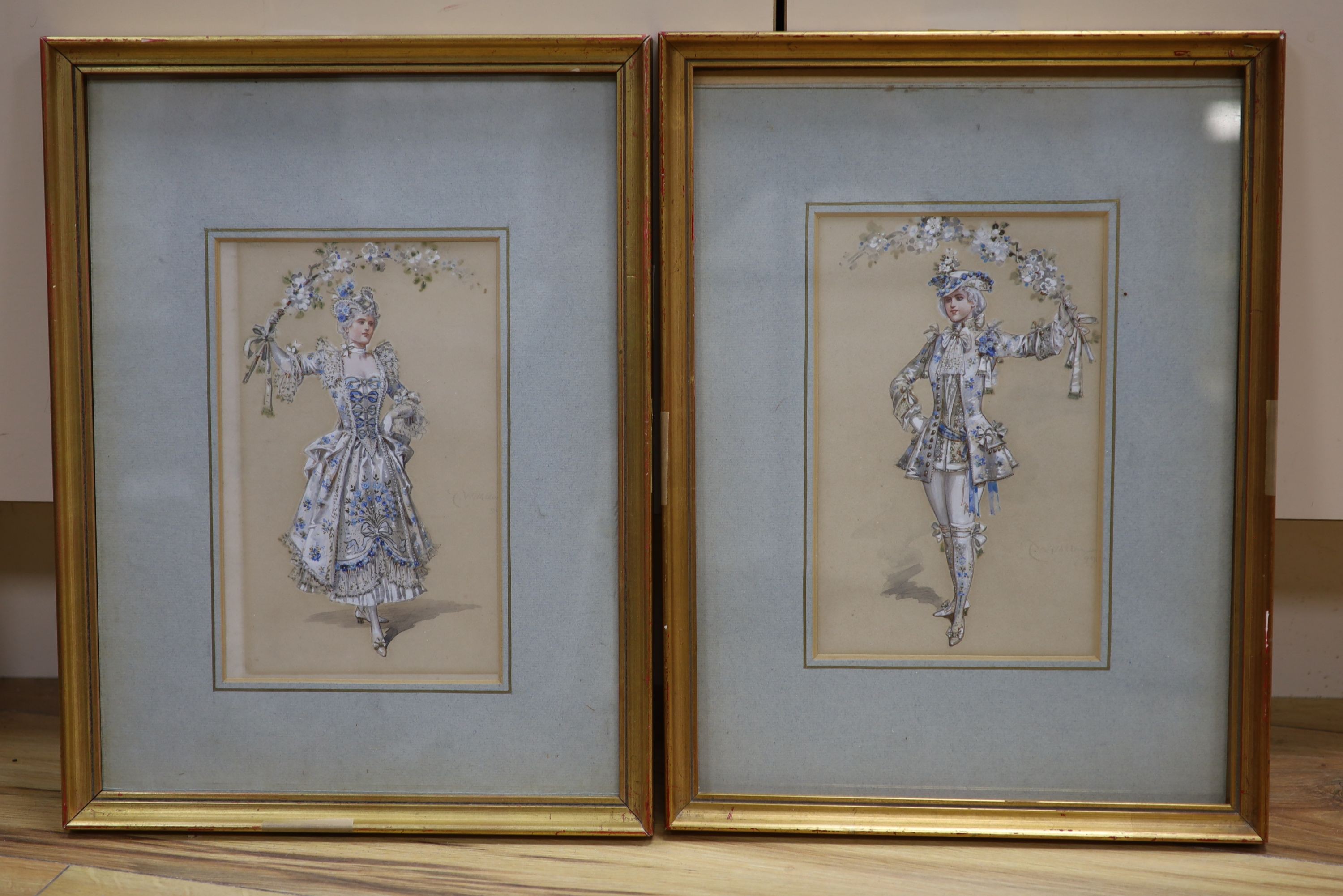 C.Wilhelm, pair of watercolours with gouache, Lady and gallant, signed and dated 99, 23 x 14cm.