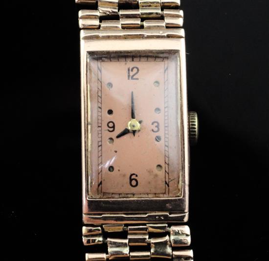 A ladys 14k gold Moeris manual wind wrist watch on an unmarked gold bracelet, A ladys 14k gold Moeris manual wind wrist watch on an unmarked gold bracelet,