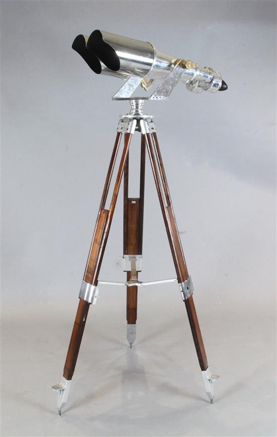A pair of Nikon 20x120 polished steel and brass Japanese Naval binoculars, L.31in. Overall H.68in. A pair of Nikon 20x120 polished steel and brass Japanese Naval binoculars, L.31in. Overall H.68in.