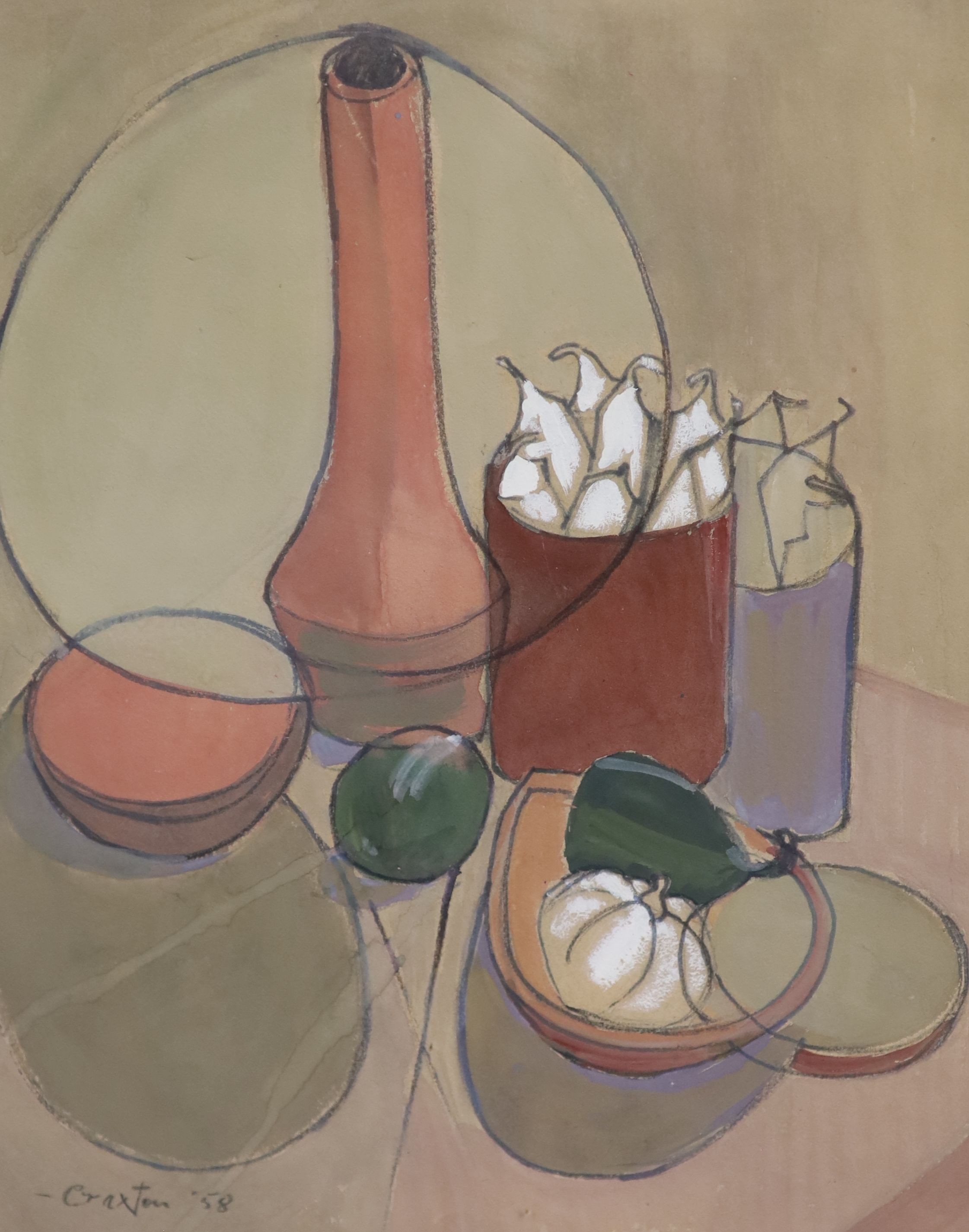 John Craxton (1922-2009), Still life, jars, candles and vegetables on a table, charcoal and gouache on buff paper, 33 x 27cm