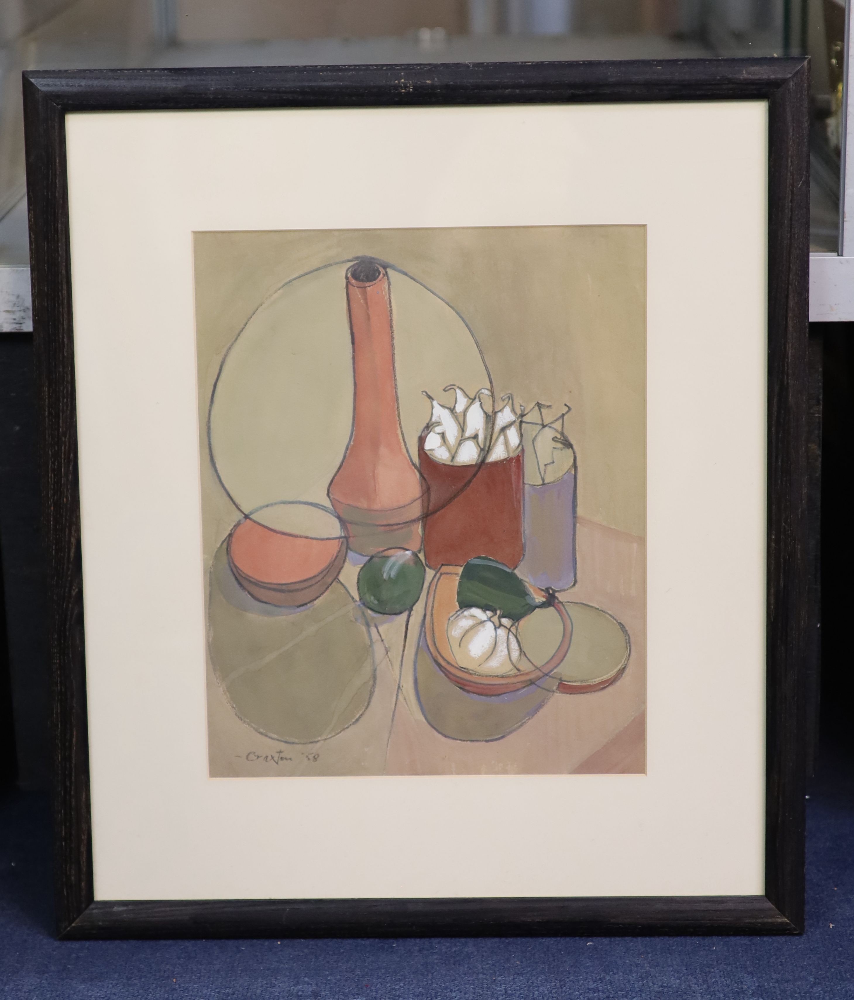 John Craxton (1922-2009), Still life, jars, candles and vegetables on a table, charcoal and gouache on buff paper, 33 x 27cm