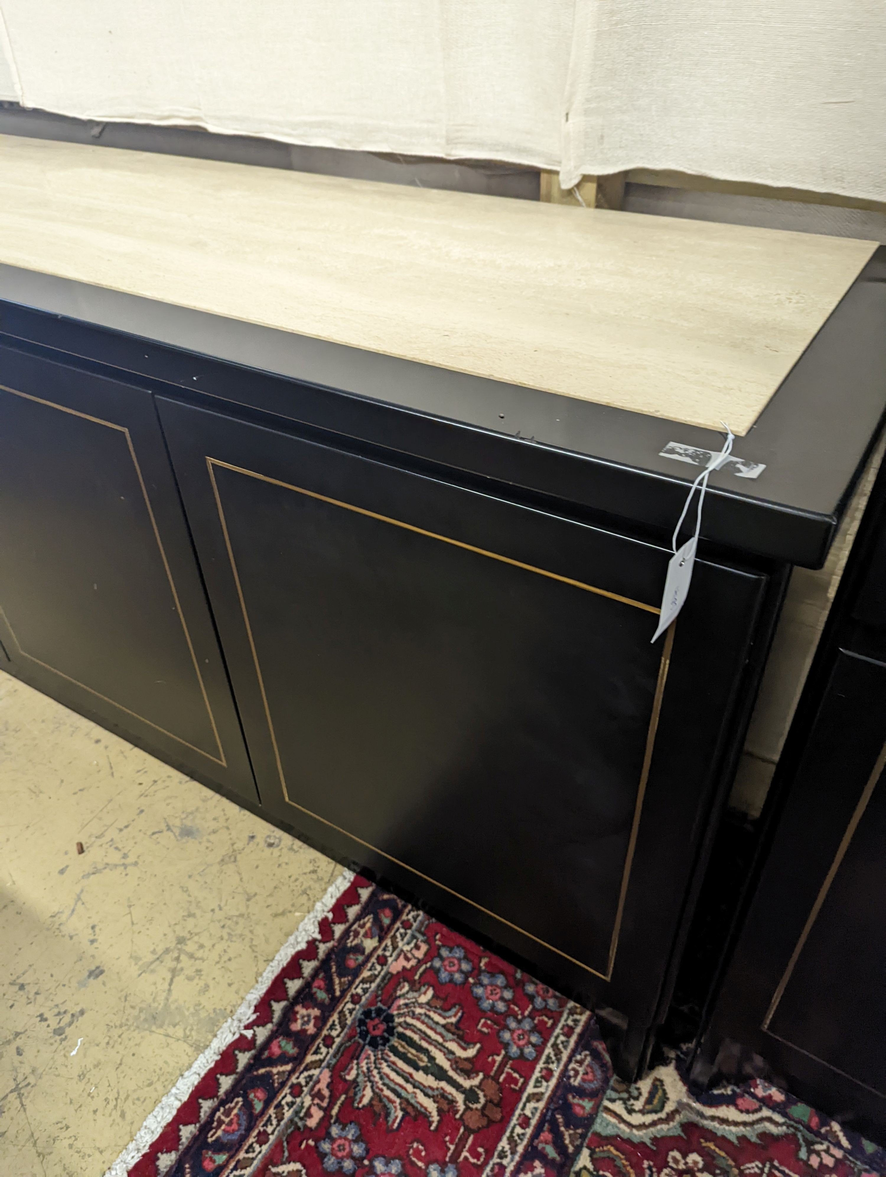 A 20th century black lacquer four door buffet with reconstituted marble top, width 281cm, depth 50cm, height 84cm