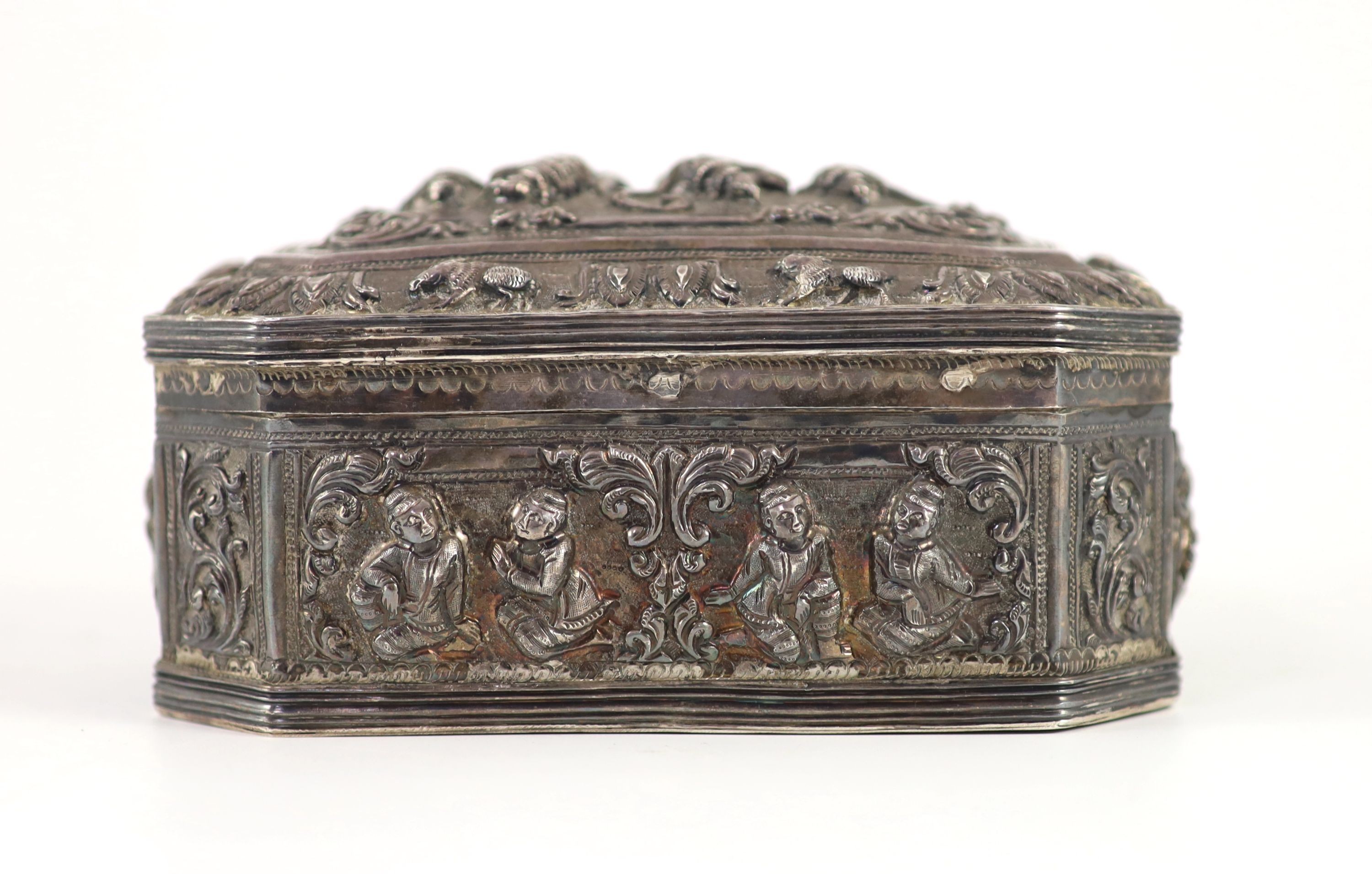 A Burmese embossed silver octagonal box and cover