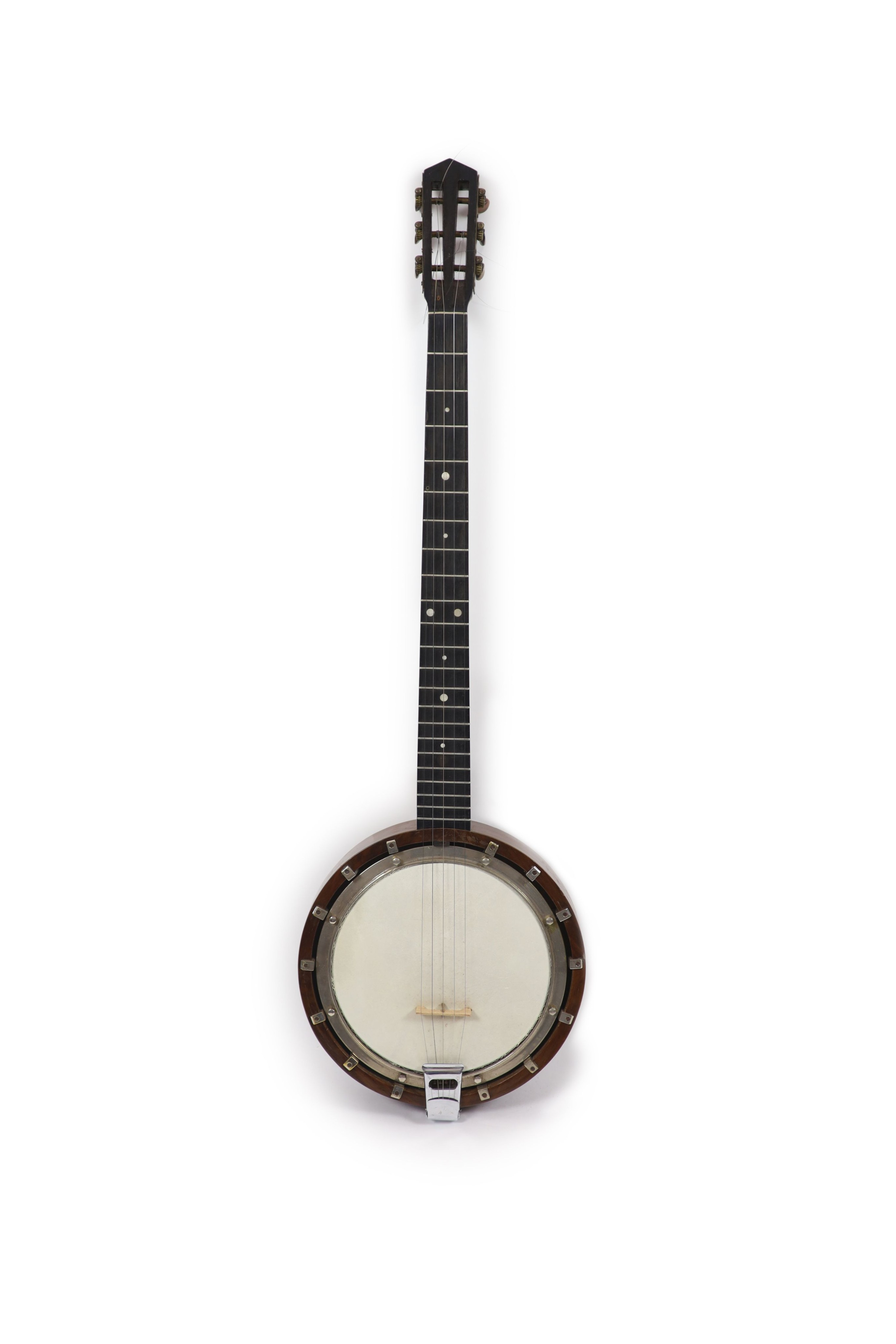 A Clifford Essex banjo overall 90cm, with distressed leather case