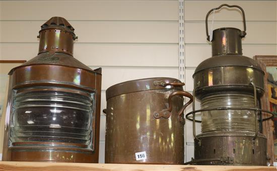 A Chinese lantern, Neptune Port lantern and a bronze pot and cover A Chinese lantern, Neptune Port lantern and a bronze pot and cover