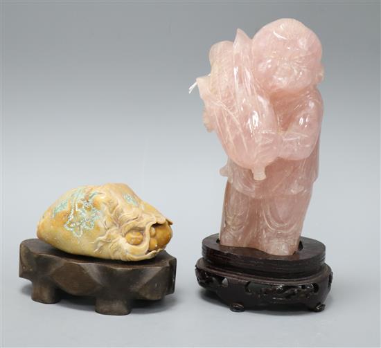 A Chinese rose quartz figure of a boy and a shonsham stone carving tallest 21cm