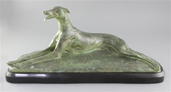 M. Fiot. A bronze model of a greyhound lying upon naturalistic base, width 23.5in. height 10.5in. M. Fiot. A bronze model of a greyhound lying upon naturalistic base, width 23.5in. height 10.5in.