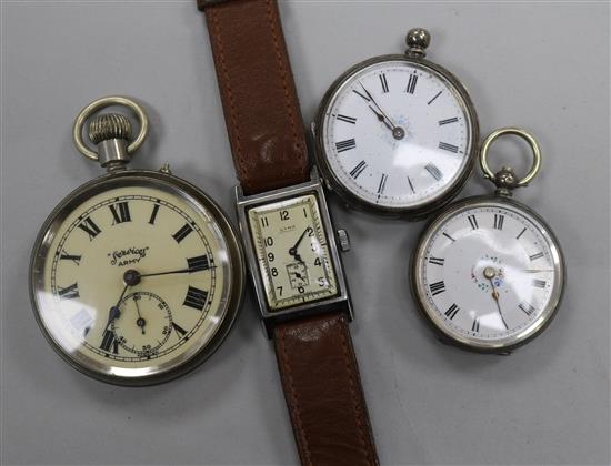 A gentlemans steel Cyma rectangular dial manual wind wrist watch, two silver fob watches and a nickel cased pocket watch. A gentlemans steel Cyma rectangular dial manual wind wrist watch, two silver fob watches and a nickel cased pocket watch.