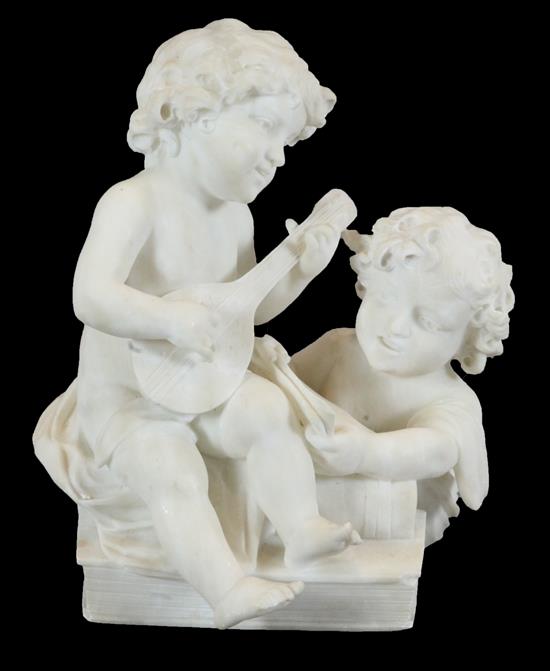 Ottavio Scheggi. A white marble group of two putti with a mandolin and sheet music, H.16in. Ottavio Scheggi. A white marble group of two putti with a mandolin and sheet music, H.16in.