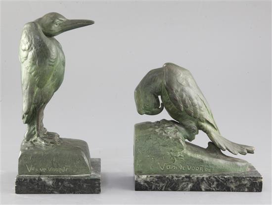 After Van de Voorde. A pair of patinated spelter bookends, modelled as a parrot and a heron, Tallest 8.5in, After Van de Voorde. A pair of patinated spelter bookends, modelled as a parrot and a heron, Tallest 8.5in,