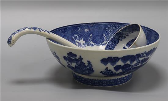 A Victorian Staffordshire blue and white bowl, dish and soup ladle diameter 24cm A Victorian Staffordshire blue and white bowl, dish and soup ladle diameter 24cm