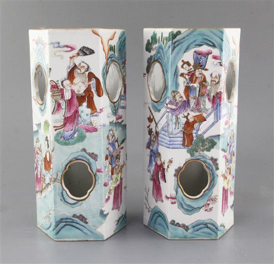A pair of Chinese famille rose hexagonal hat stands, Xianfeng six character seal marks and of the period (1851-61), height 28.7cm, one A pair of Chinese famille rose hexagonal hat stands, Xianfeng six character seal marks and of the period (1851-61), height 28.7cm, one