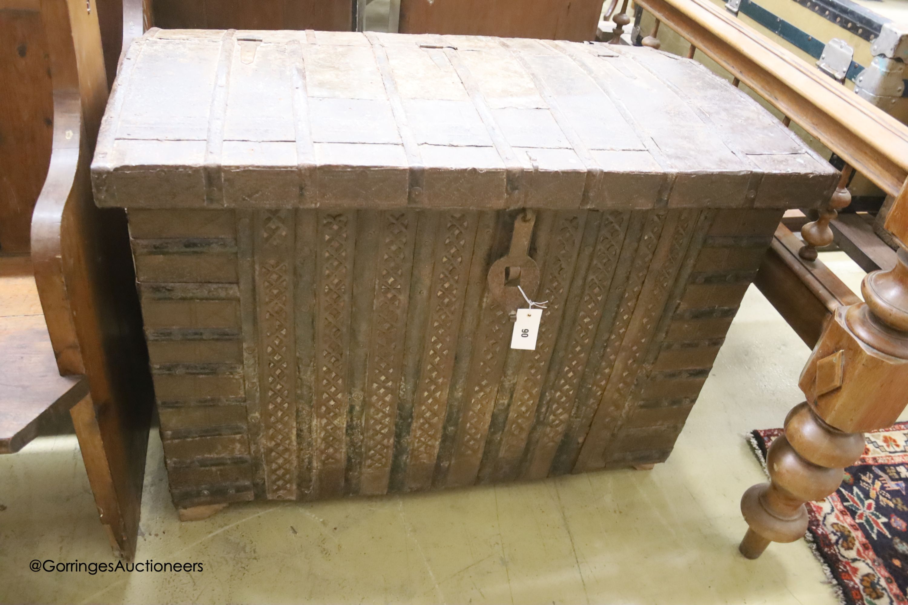 A 19th century Indian iron mounted domed top trunk, length 97cm, depth 58cm, height 70cm