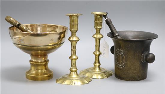A bronze pestle and mortar, pair of candlesticks, etc Candlesticks H.177cm