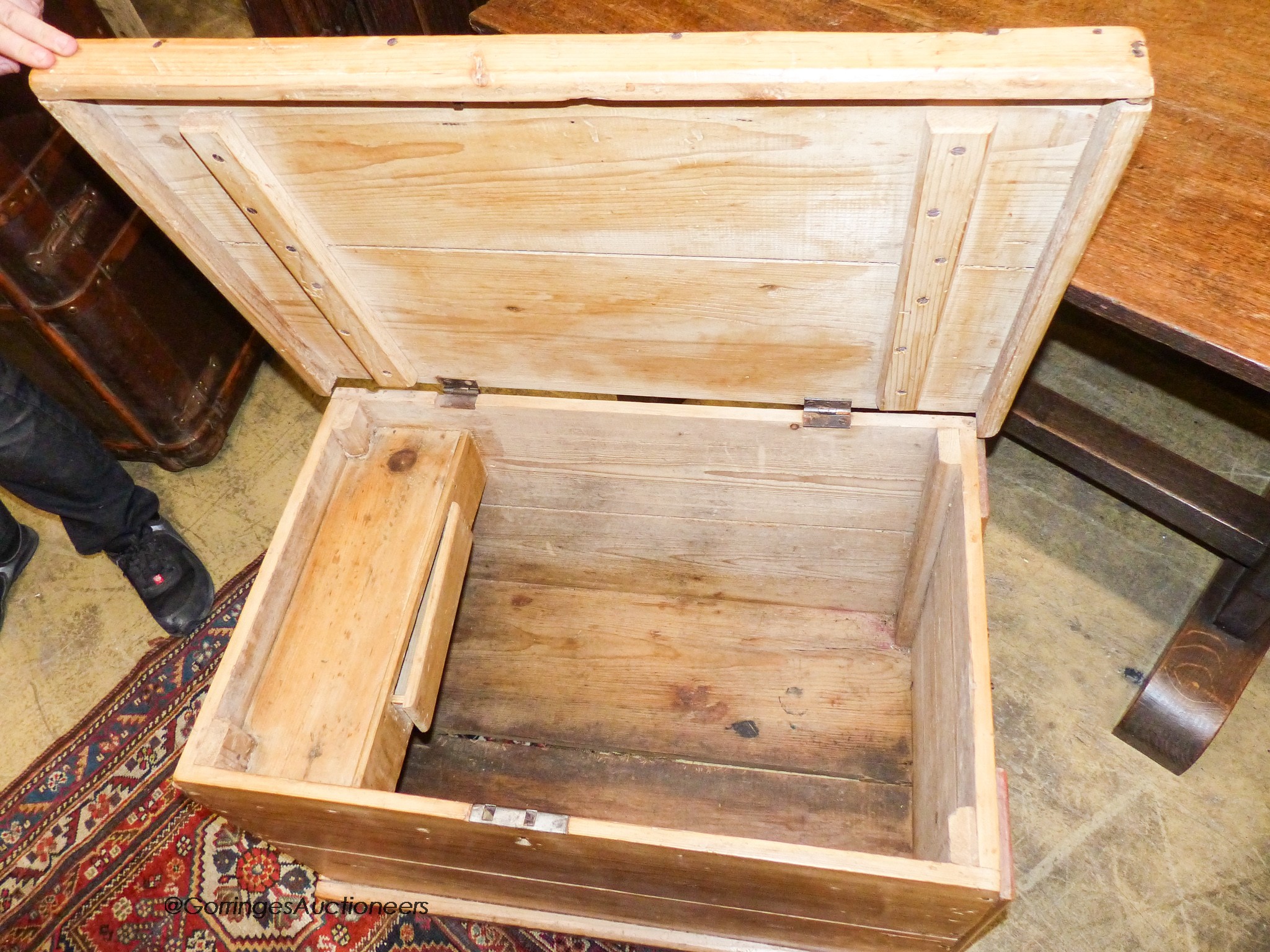 A Victorian pine blanket box with drawer, width 79cm, depth 50cm, height 50cm