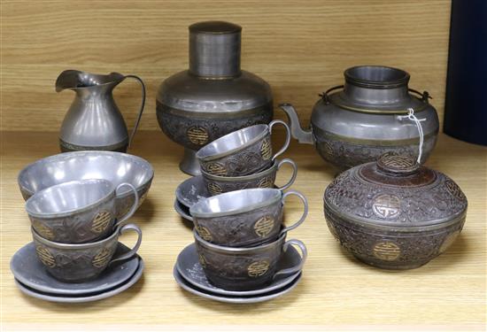 A Chinese pewter and coconut tea set tallest 16cm