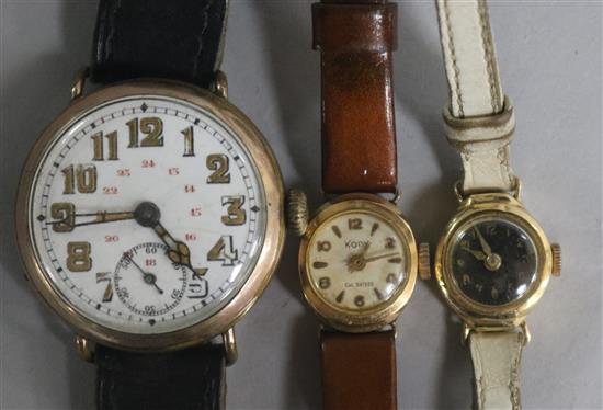 Two ladys 28ct gold cased wrist watches and a gentlemans gold plated wrist watch.