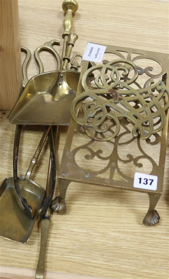 Two brass kettle stands and sundry fire brasses Two brass kettle stands and sundry fire brasses