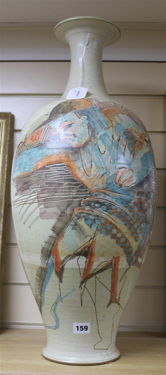 Barbara and Michael Hawkins, Port Isaac, a large cream ground pottery vase height 68cm Barbara and Michael Hawkins, Port Isaac, a large cream ground pottery vase height 68cm