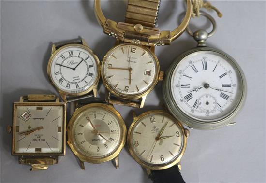 A ladys stylish gold plated and paste set Dreffa bangle watch, six other assorted wrist watches and a pocket watch.