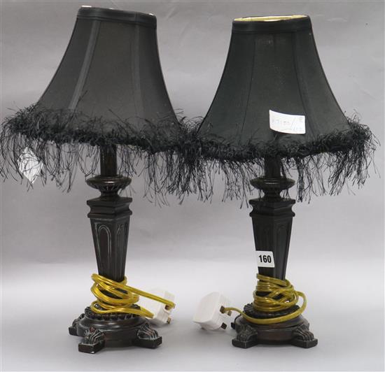 A pair of small table lamps with black shades height 44cm A pair of small table lamps with black shades height 44cm