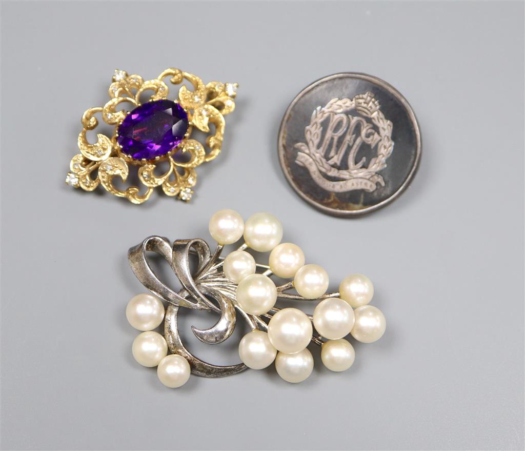 A Victorian style 9ct. gold, amethyst and diamond chip brooch, and RFC brooch and a simulated pearl brooch