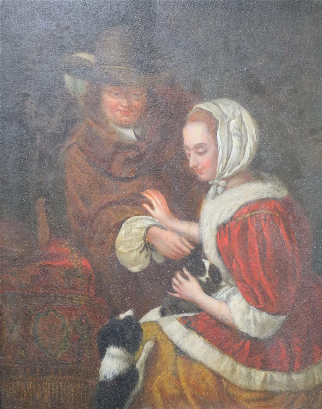 After Gerard Ten Borch, oil on wooden panel, Married couple with lap dogs, 23 x 18.5cm