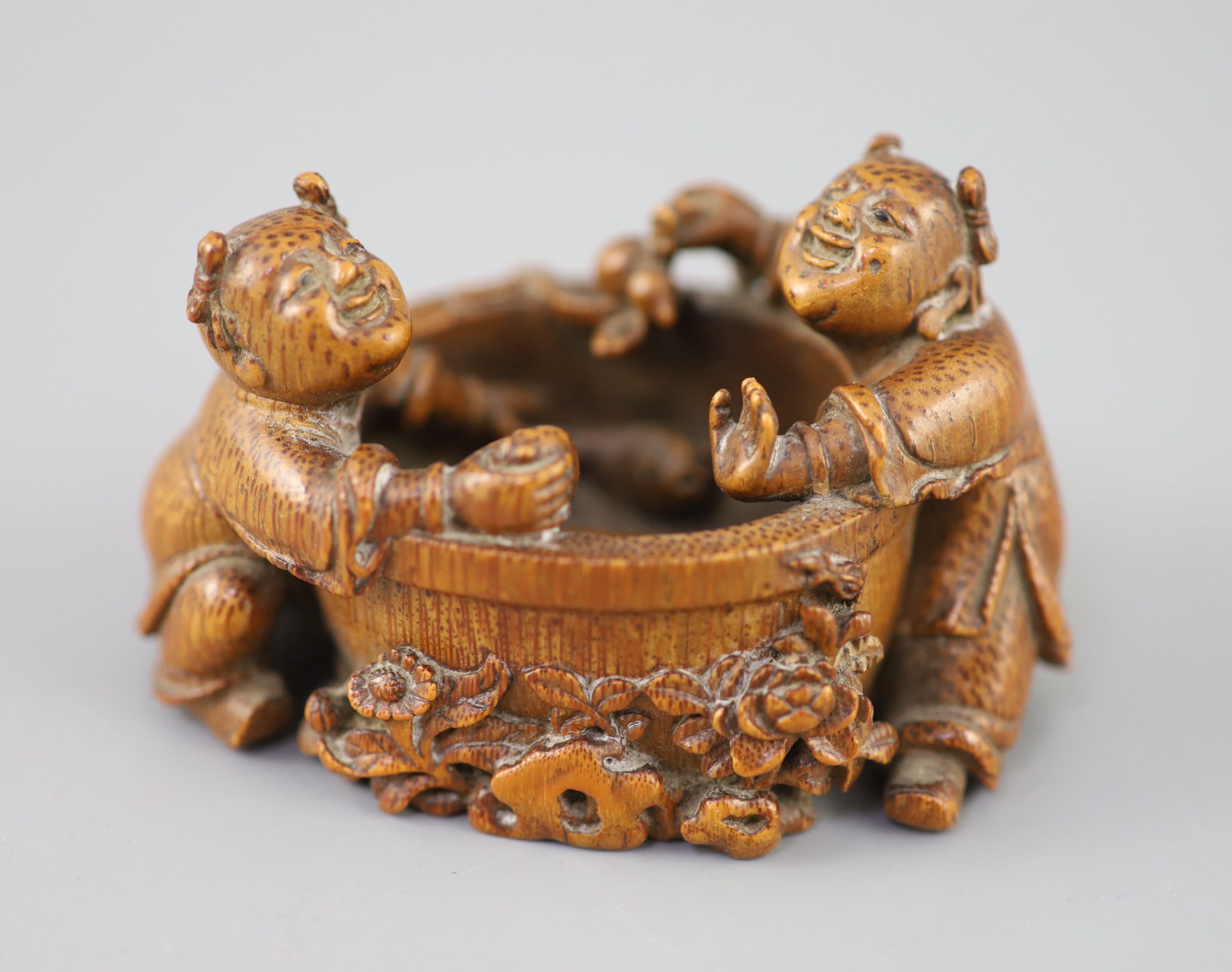 A fine and rare Chinese bamboo-root boys and fish bowl brush washer, 18th/19th century, A fine and rare Chinese bamboo-root boys and fish bowl brush washer, 18th/19th century,