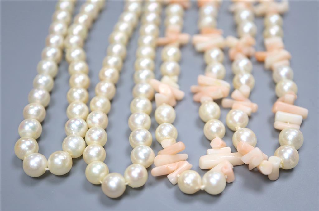 A single strand cultured pearl necklace, 127cm and a coral fragment and cultured pearl necklace, 80cm.