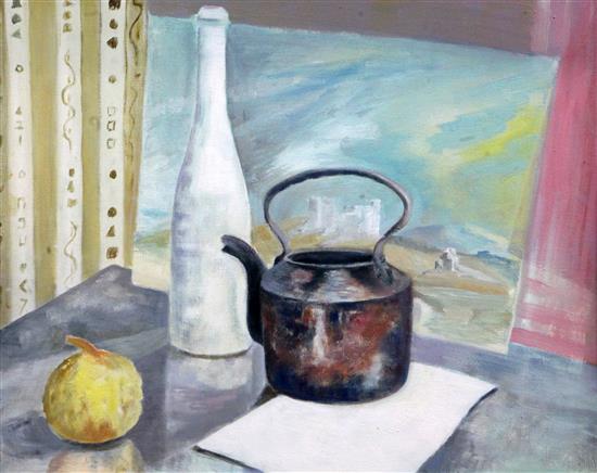 § Duncan Grant (1885-1978) Still life of a kettle, bottle, fruit and a painting 15.5 x 19.5in. § Duncan Grant (1885-1978) Still life of a kettle, bottle, fruit and a painting 15.5 x 19.5in.