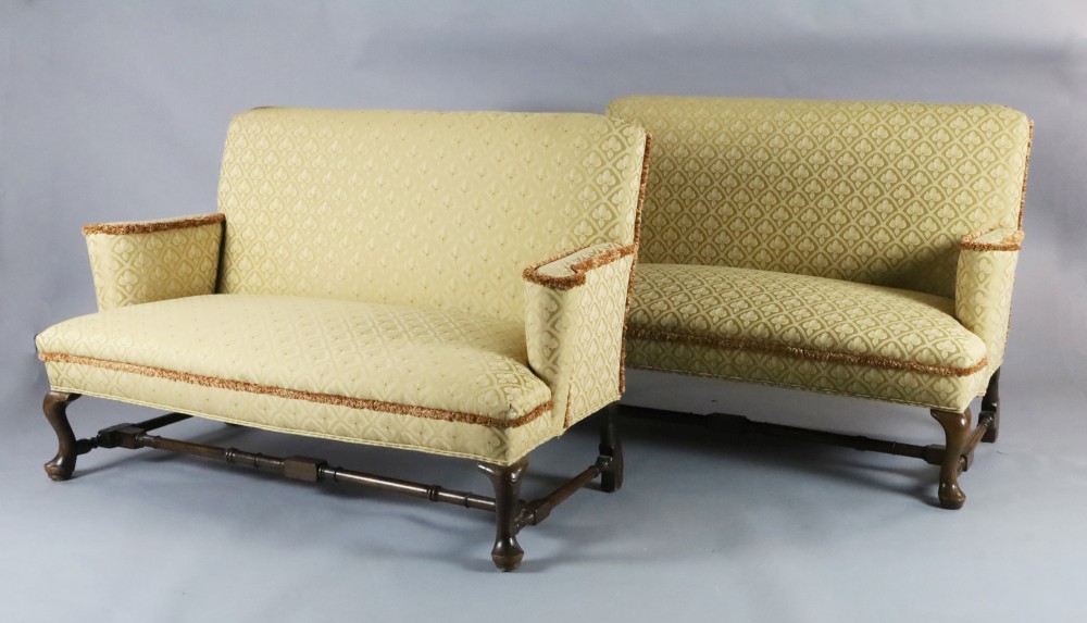 A Queen Anne upholstered scroll arm sofa and a matching reproduction sofa, W.5ft H.3ft A Queen Anne upholstered scroll arm sofa and a matching reproduction sofa, W.5ft H.3ft