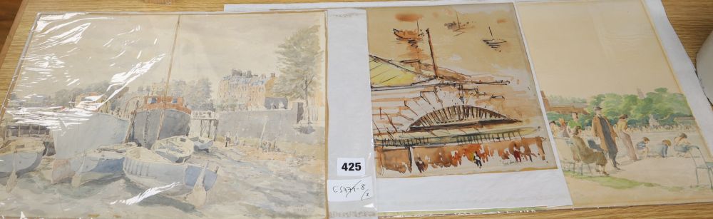 Sydney Maiden (1893-1963) two watercolours, Shipyard & Park scene, 29 x 39cm, and a watercolour of Collyer Quay, Singapore by David Ben