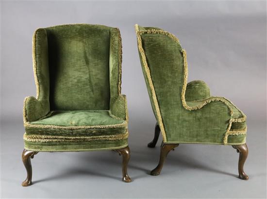 A pair of 19th century George I style mahogany wing armchairs, W.2ft 5in. H.3ft 6in. A pair of 19th century George I style mahogany wing armchairs, W.2ft 5in. H.3ft 6in.
