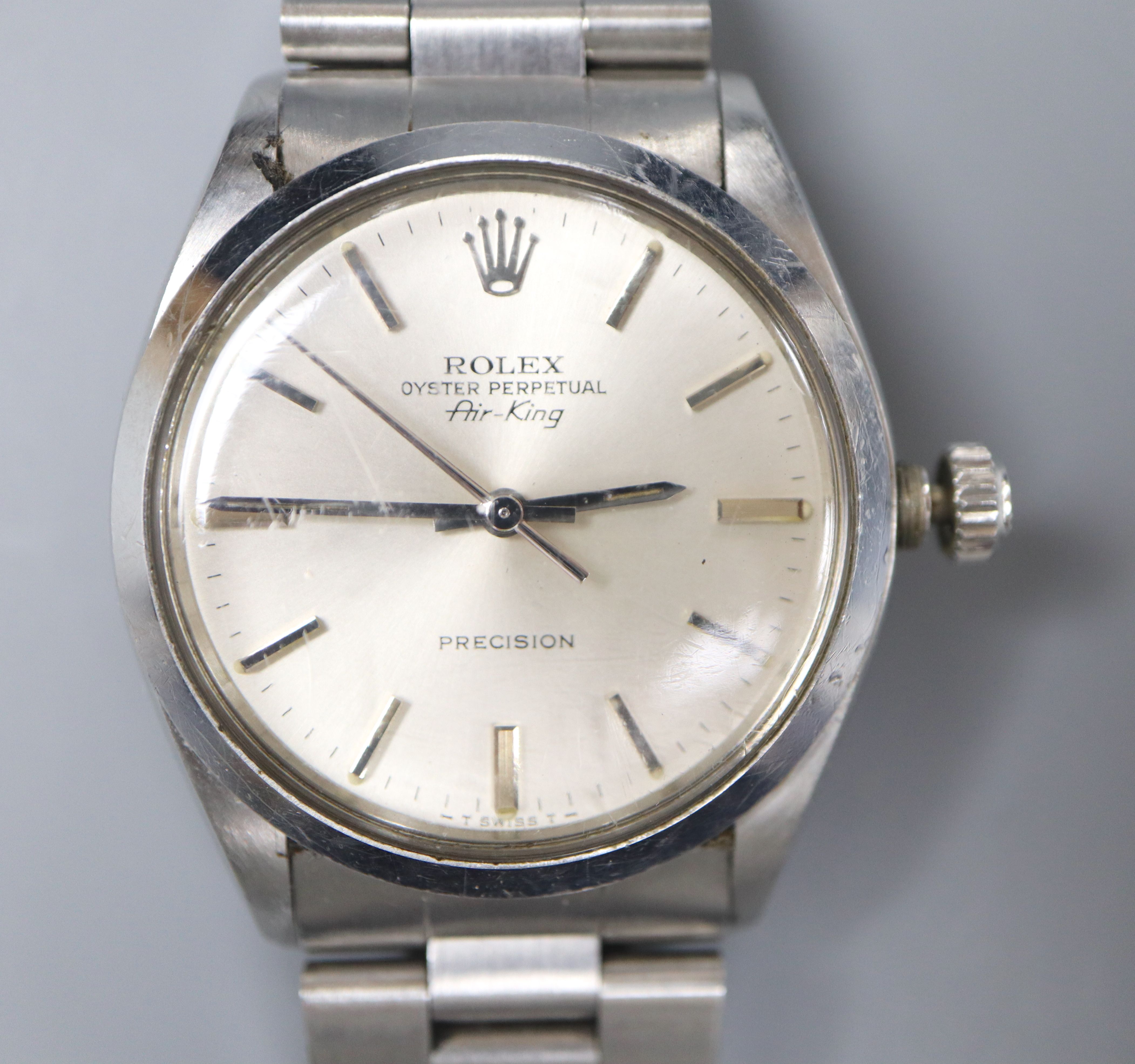 A gentlemans early 1960s stainless steel Rolex Oyster Perpetual Air-King Precision wrist watch,