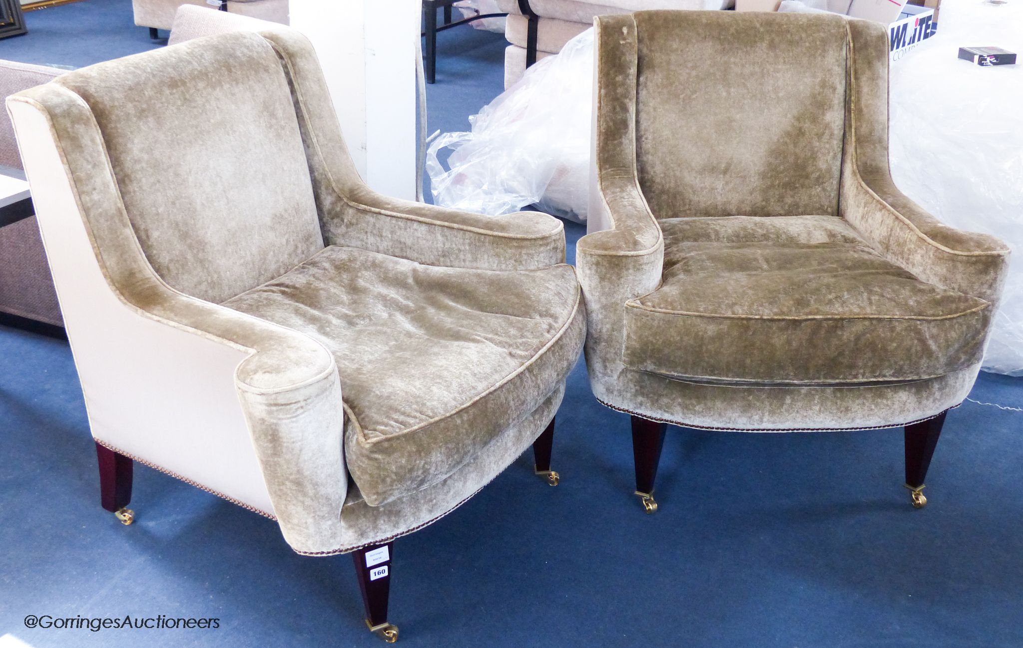 A pair of George III style pale grey velvet upholstery armchairs