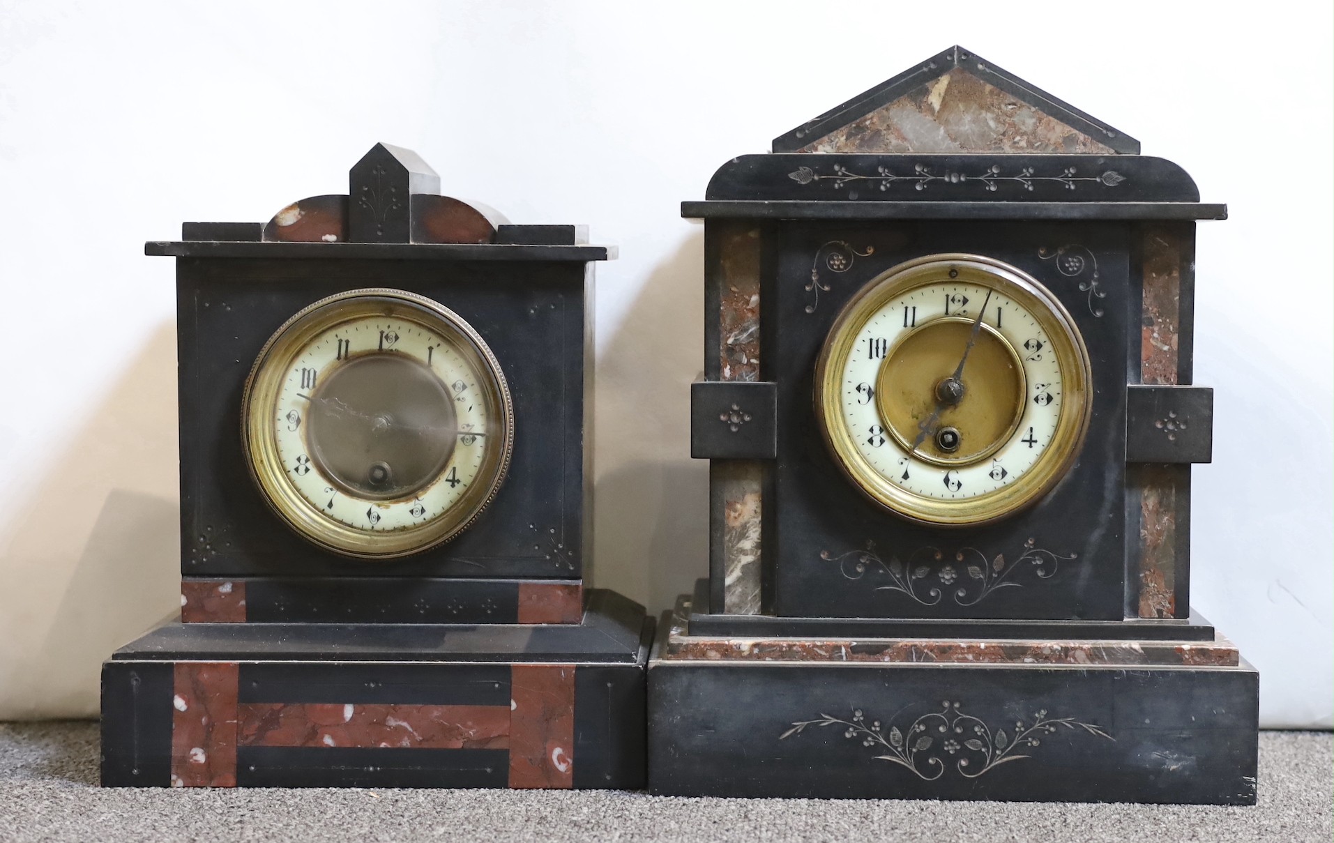 Two Victorian marble and black slate mantel clocks, tallest 32cm