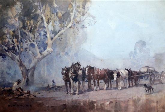 Benjamin Edward Minns (1834-1937) Stockman resting with a horse drawn cart, 15 x 21.5in. Benjamin Edward Minns (1834-1937) Stockman resting with a horse drawn cart, 15 x 21.5in.