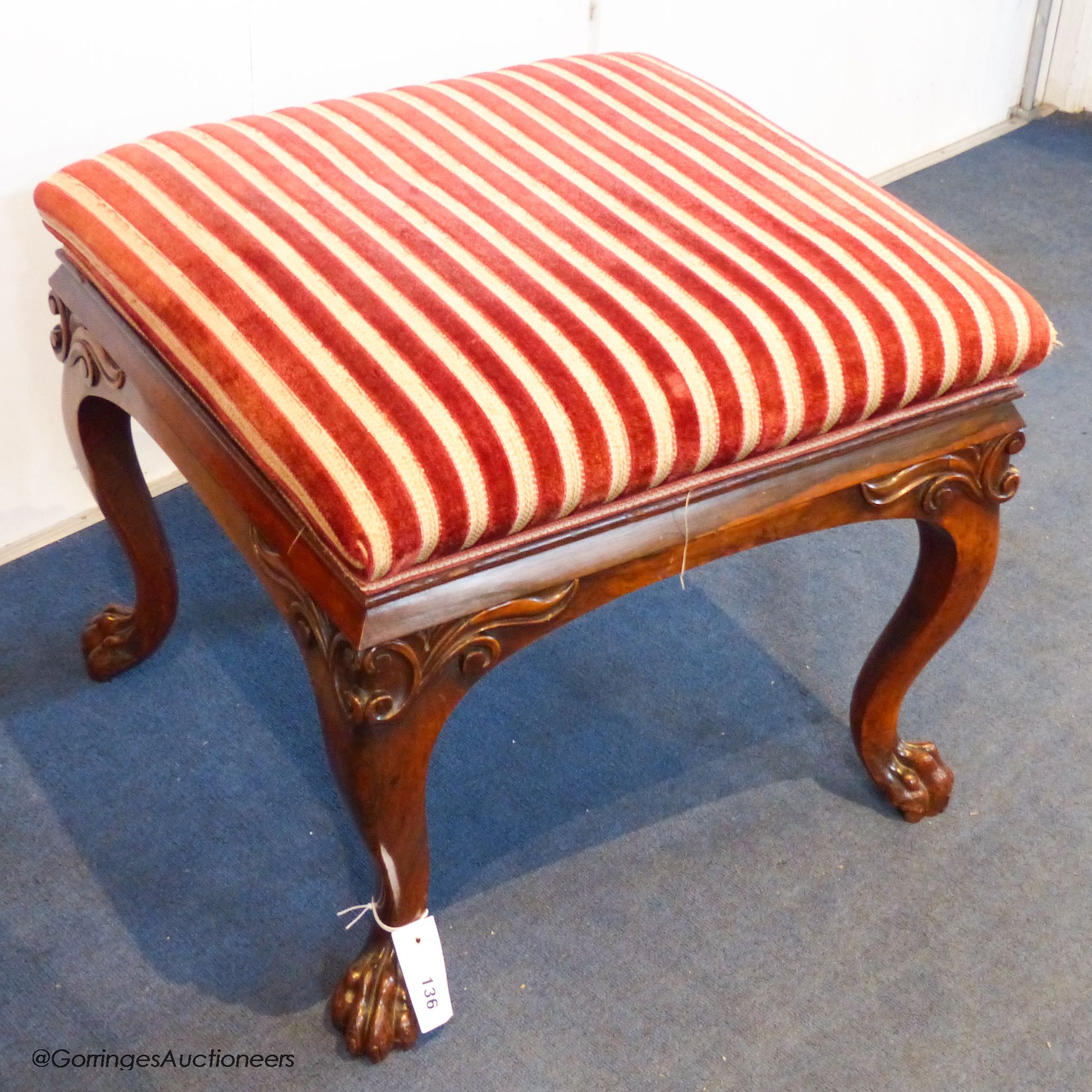 A mid 19th century rosewood stool, stamped W. Baldwin, 53 cm wide