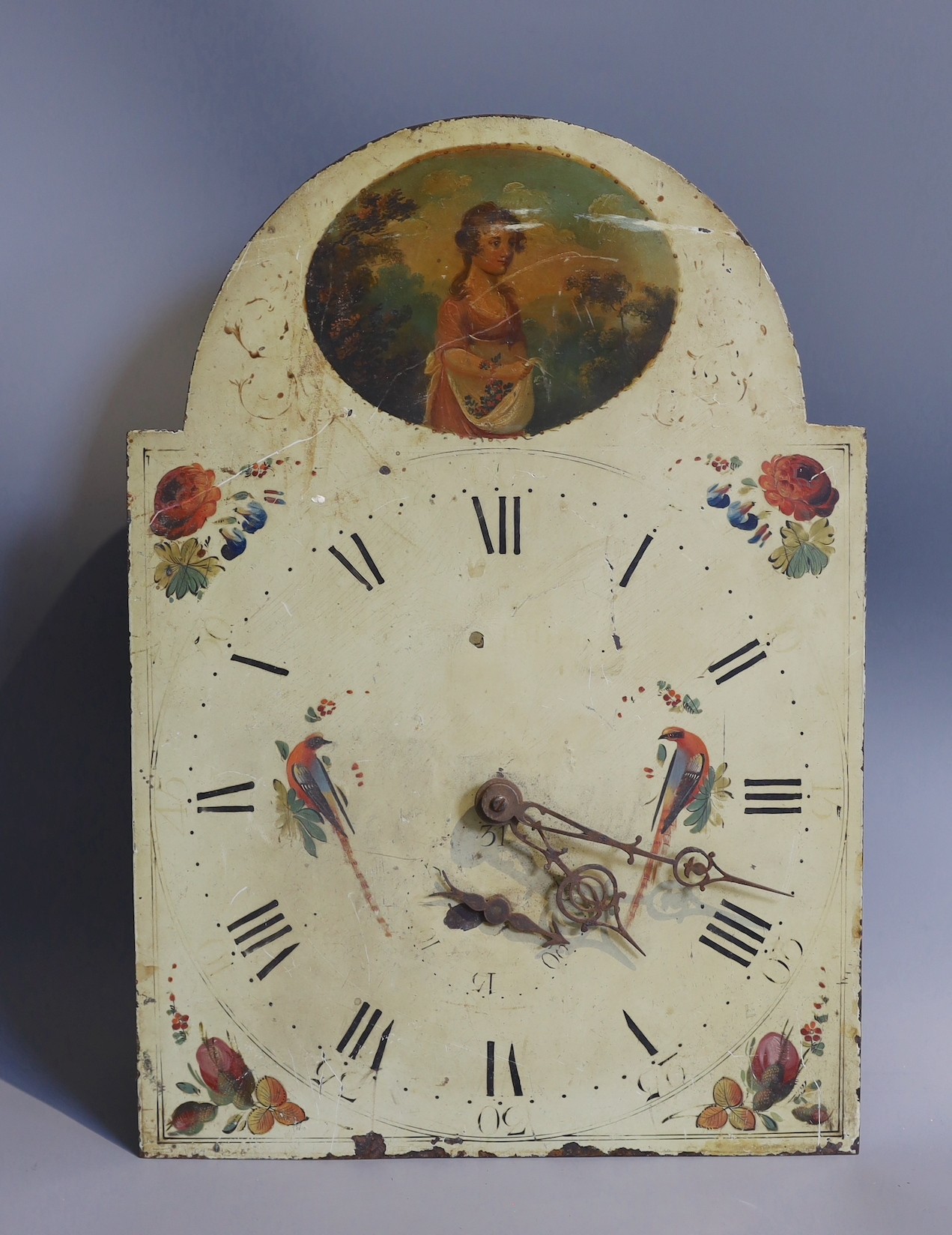 A 19th century thirty hour longcase clock movement with painted arched dial, width 33cm height 47cm