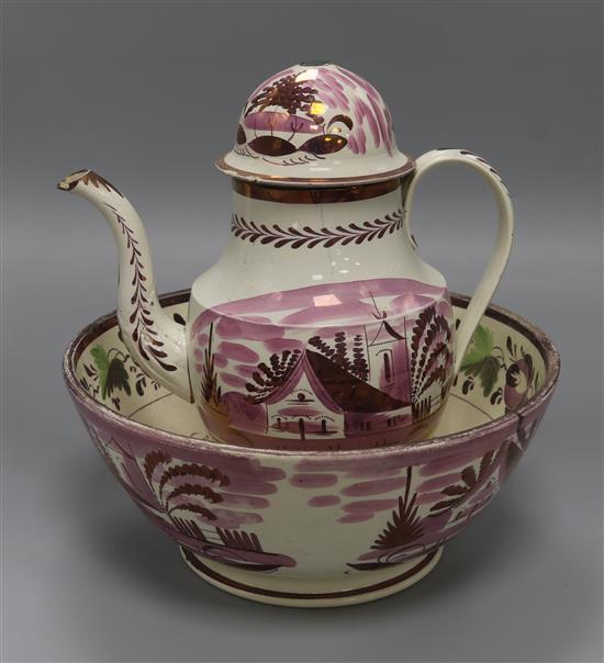 A Sunderland lustre bowl and coffee pot (the latter a.f.) basin diameter 39cm pot height 28cm A Sunderland lustre bowl and coffee pot (the latter a.f.) basin diameter 39cm pot height 28cm