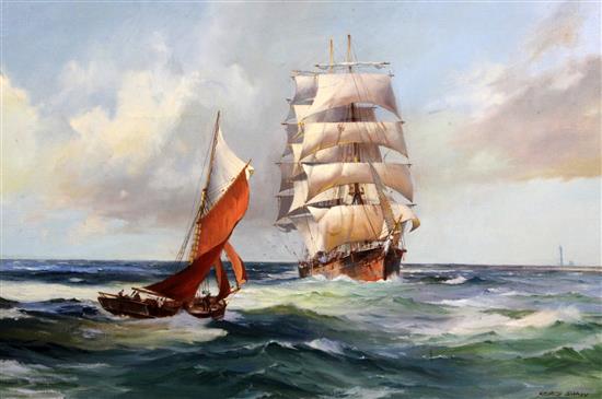 § George Shaw (1929-2009) British Merchant and a Plymouth Cutter off Eddystone Light 24 x 36in. § George Shaw (1929-2009) British Merchant and a Plymouth Cutter off Eddystone Light 24 x 36in.