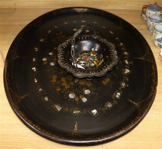 A Victorian oval papier mache tray and a basket Tray 76cm A Victorian oval papier mache tray and a basket Tray 76cm