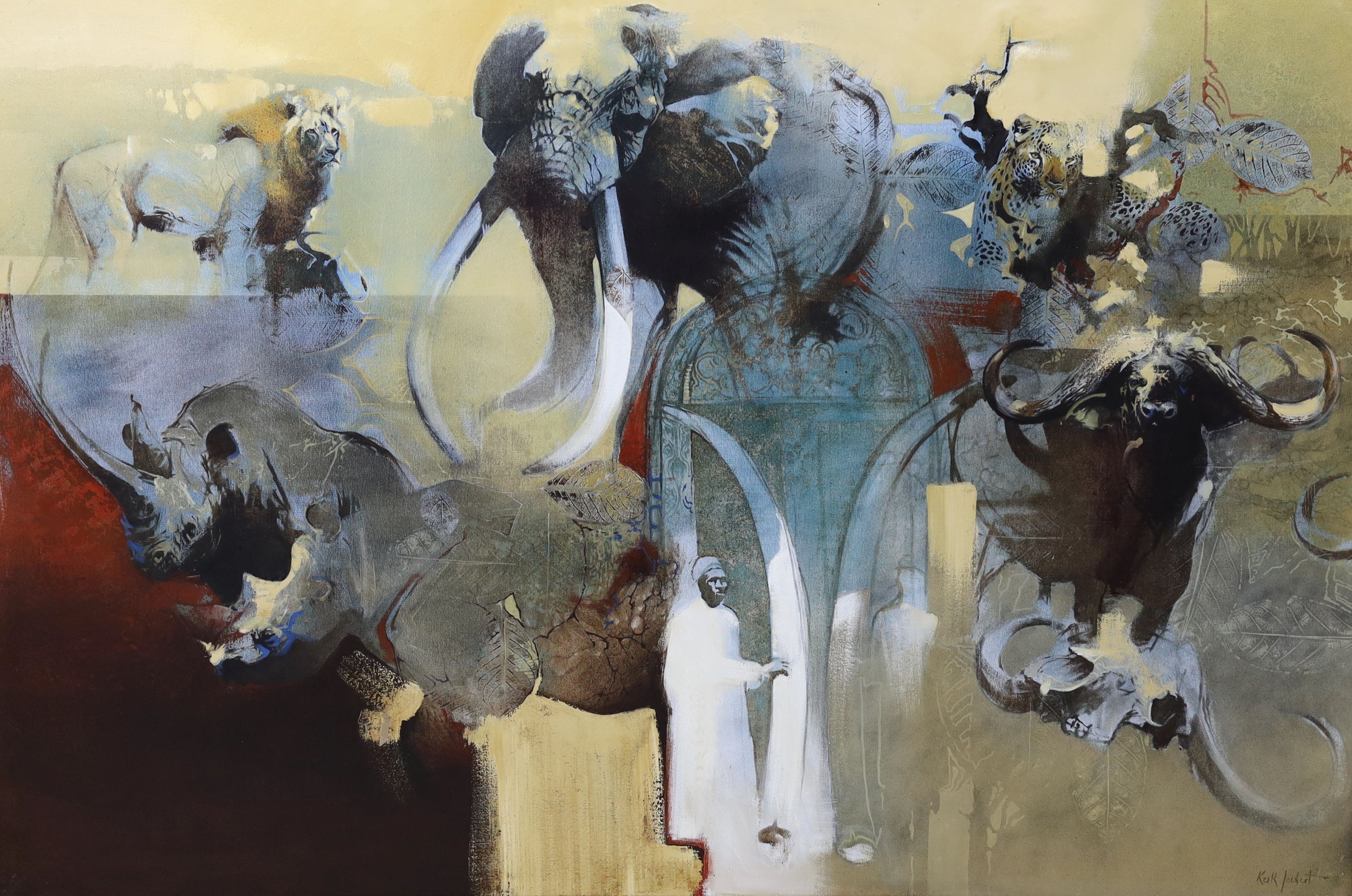 Keith Joubert (SA, 1948-2013), 'The Big Five', oil on canvas, 121 x 182cm