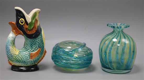 Two Mdina glass vases and a Dartmouth jug Two Mdina glass vases and a Dartmouth jug