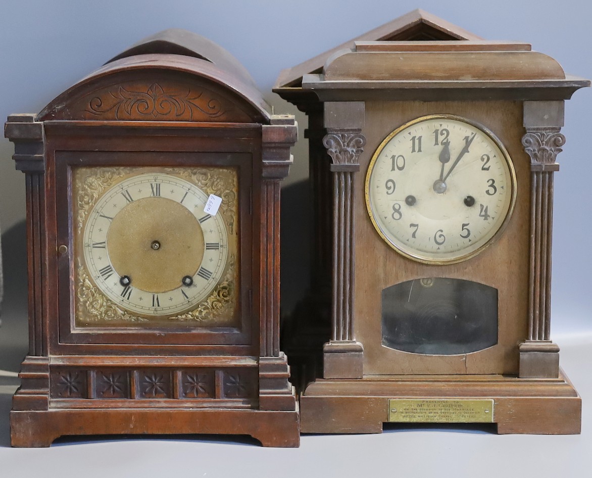 Four Victorian and later eight day mantel clocks, largest 38cm
